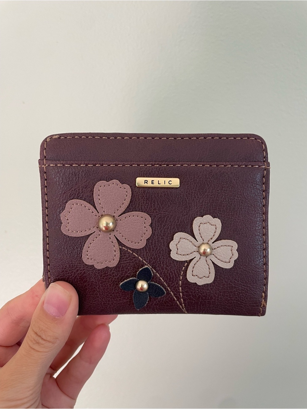 Relic Burgundy Floral Appliqué Wallet with Pink Cream and blue Flowers